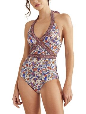 NWOT Boden Floral Halter One-Piece Swimsuit in Cream, Blue, Orange
